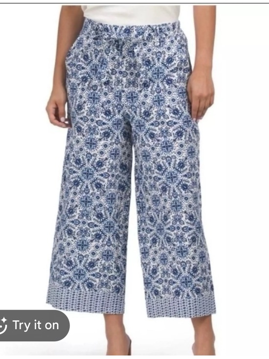 Joie Pants - Joie Linen Tie Waist Blue and White Printed Wide Leg Cropped Pants size 8